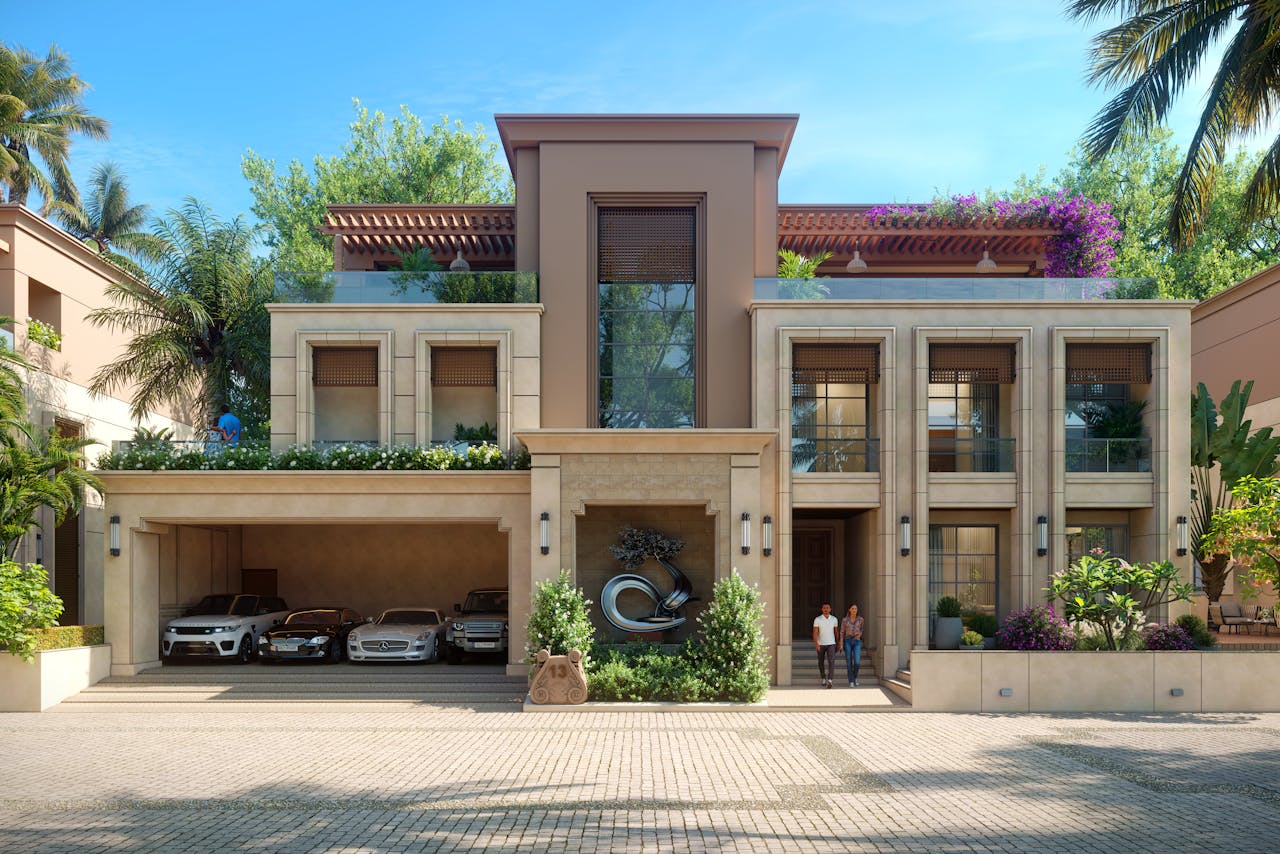 A stunning modern villa showcasing luxury and elegance with exotic cars and lush greenery.